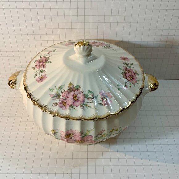 American Limoges Covered Dish Wild Rose 22K Gold Trim Vegetable Tureen 1930s VTG - Picture 6 of 11